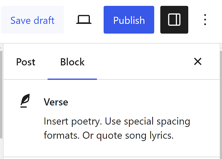 Block settings in the Verse block