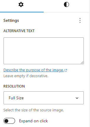 The image settings panel for the image inside a gallery block