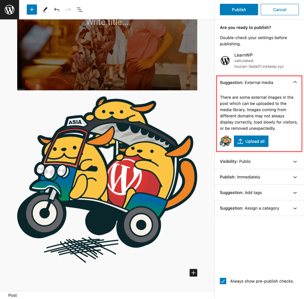 Pre-publish option for uploading all external images to media library.