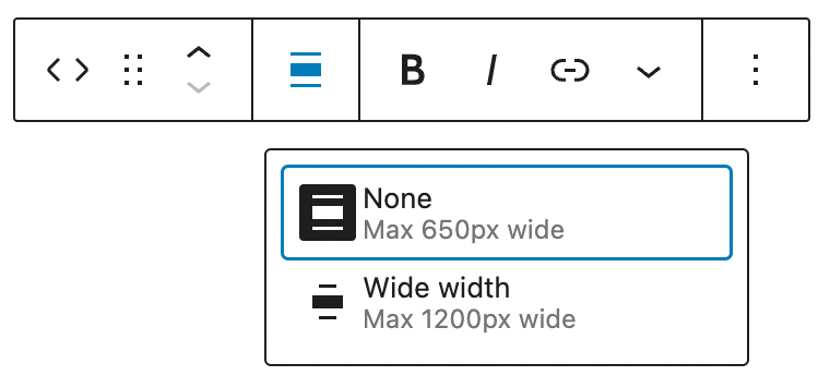 Code block toolbar with the alignment option highlighted