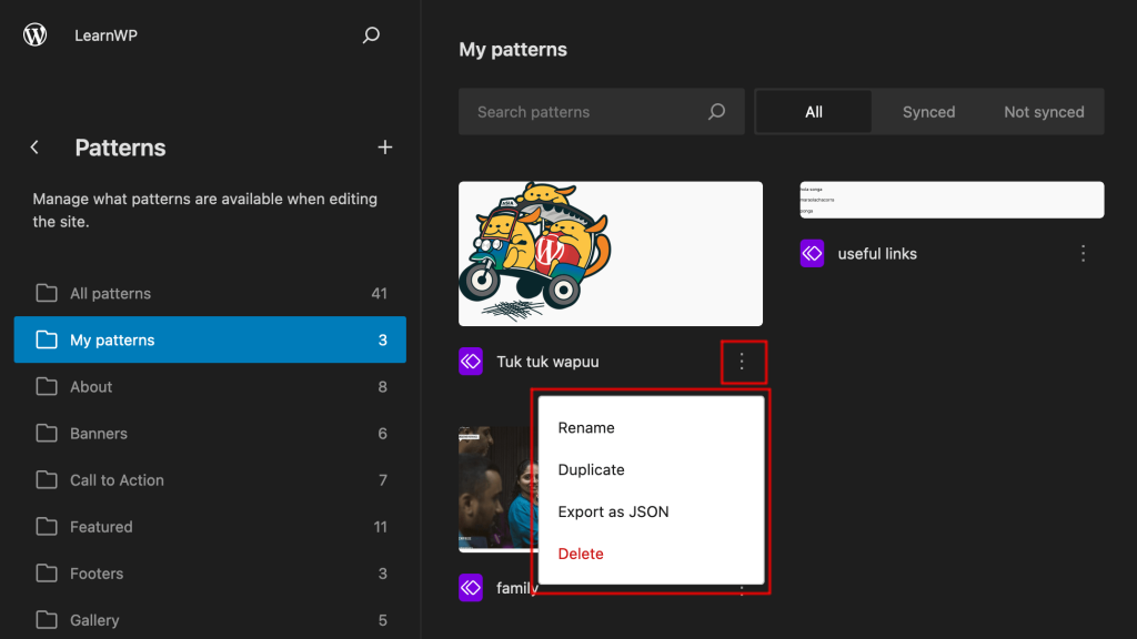 Site Editor listing all custom patterns and how to edit them.