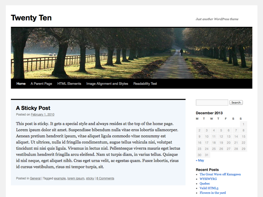 Screenshot of the default theme Twenty Ten. The theme has a light grey body background, white content background, and dark grey text.
A full width image is displayed below the site title. Below the header image is a horizontal menu with black background and white text.
The main section is split into two columns, with the content on the left and a narrow sidebar on the right.