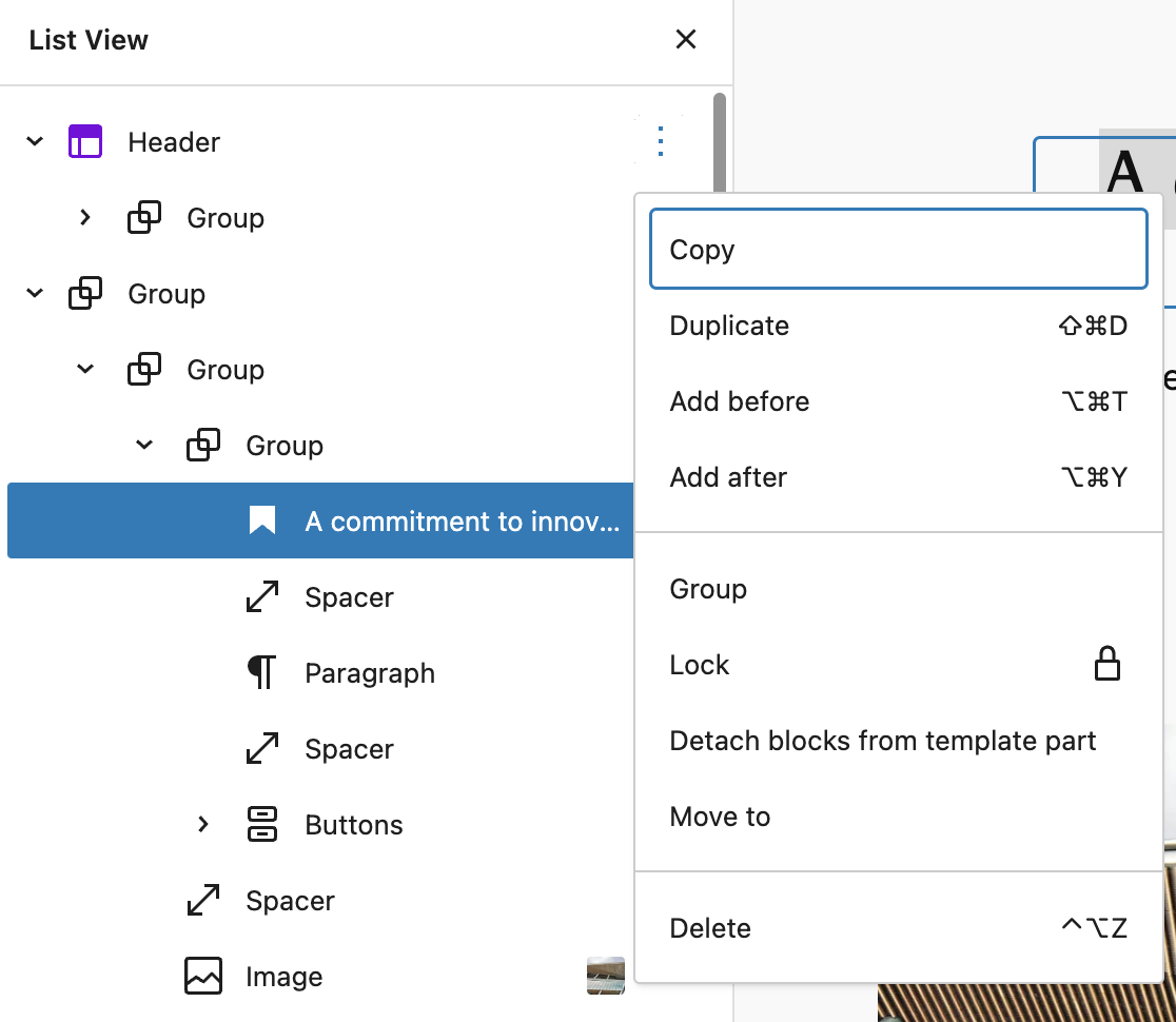 Opening the menu list for any block on the list view