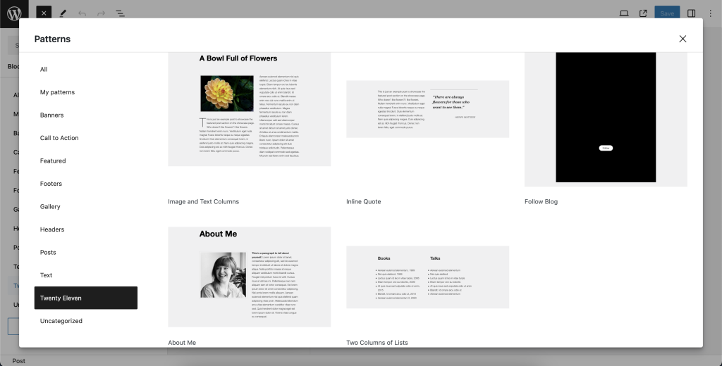 A preview of the block patterns in Twenty Eleven.