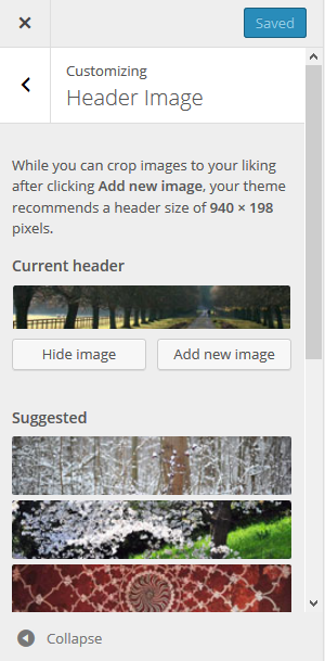The Customizer Header Image panel with the default image selected.