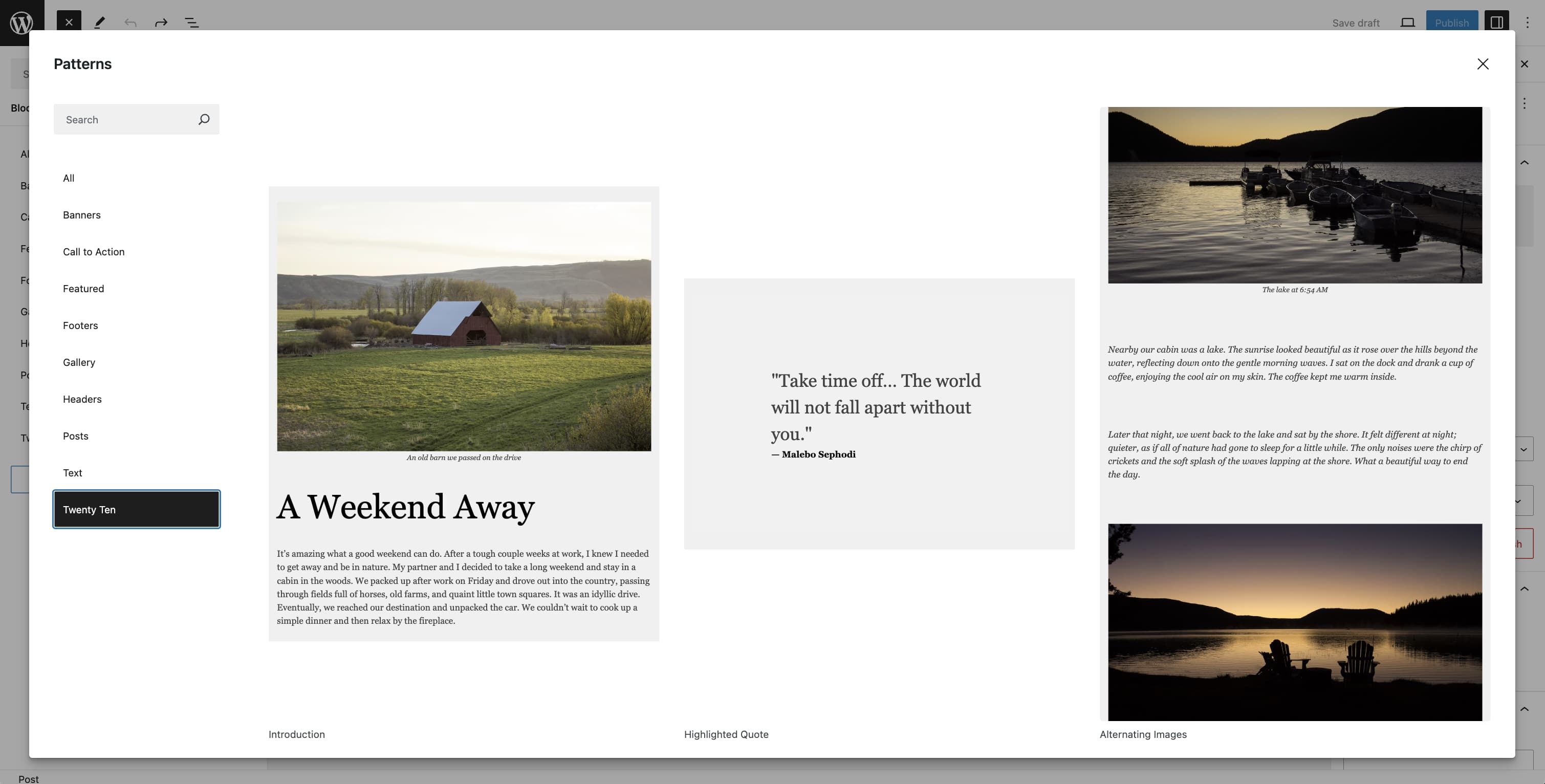 The pattern explorer in the block editor with the Twenty Ten category selected, showing a preview of all four theme patterns.