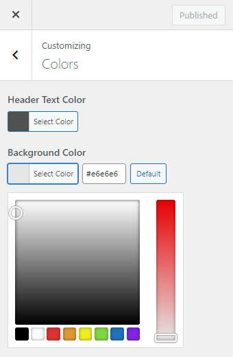 The Colors panel in the Customizer has two color selection options. One for the color in the site header, and one for the background color of the site.