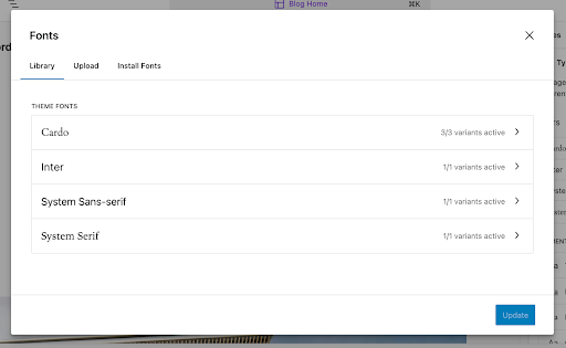 Screenshot of the Library tab in the Manage Fonts panel in the WordPress editor, showing the available fonts. Fonts listed include Cardo (3 variants active), Inter (1 variant active), System Sans-serif (1 variant active), and System Serif (1 variant active).