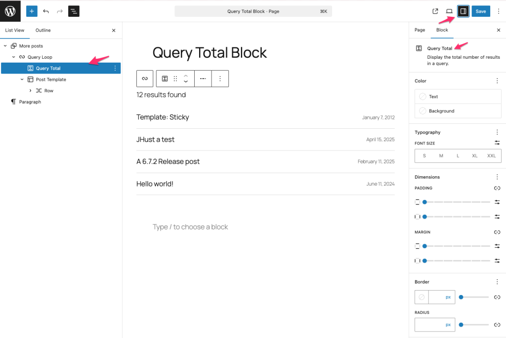 Illustrates how to open settings for Query Total block