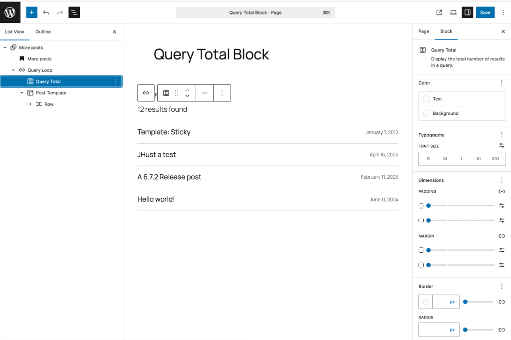 The Query total block on the site editor