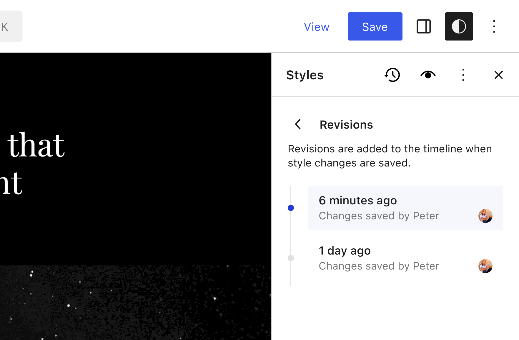 Cropped screenshot of the block editor, showing a revision history for visual styles.