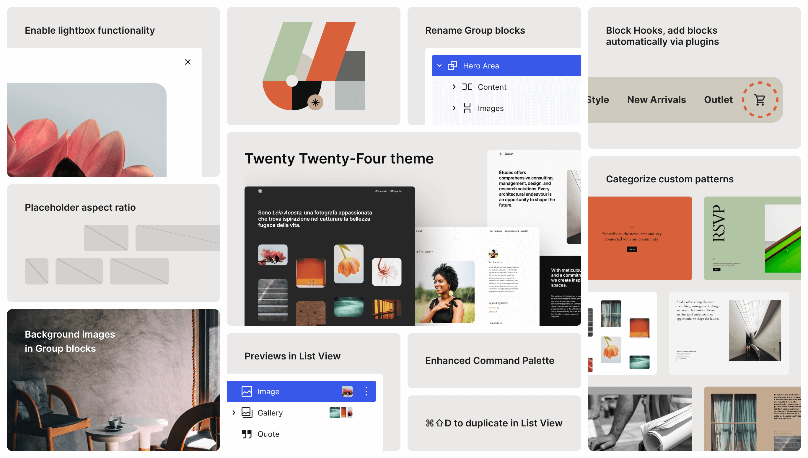 Featured highlights of WordPress 6.4: Twenty Twenty-Four theme, enable lightbox functionality, background images in Group blocks, categorize custom patterns, enhanced Command Palette, Block Hooks, previews in List View, and more.